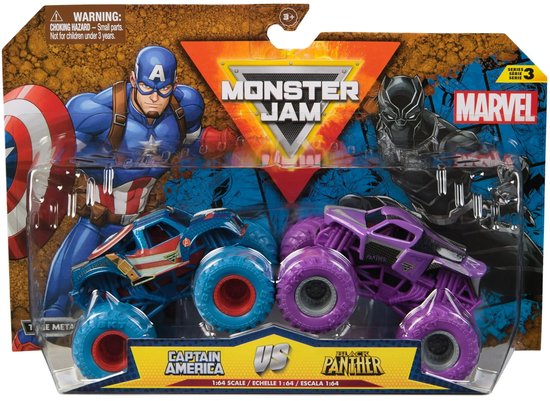 Hot wheels Monster Jam truck 2-pack Marvel Captain America & Black Panther - monstertruck 9 cm schaal 1:64 van Merkloos