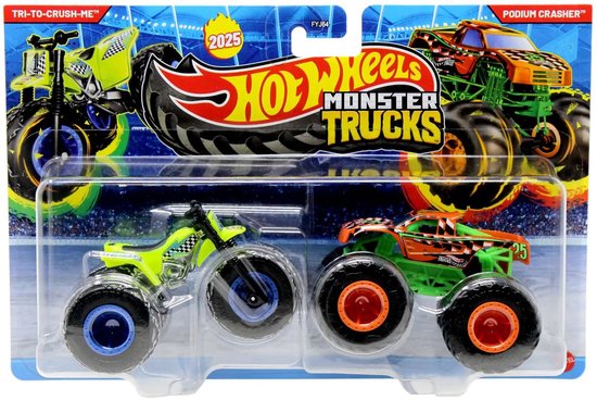 Hot wheels Monster Jam truck 2-pack - Tri-to-crush-me & Podium Crasher - monstertrucks 9 cm schaal 1:64 van Hot Wheels