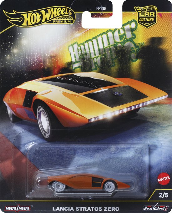 Hot Wheels Premium Autocultuur 'Hammer Drop' Lancia Stratos Zero, Schaal 1:64, Speelgoedauto voor Verzamelaars van Hot Wheels