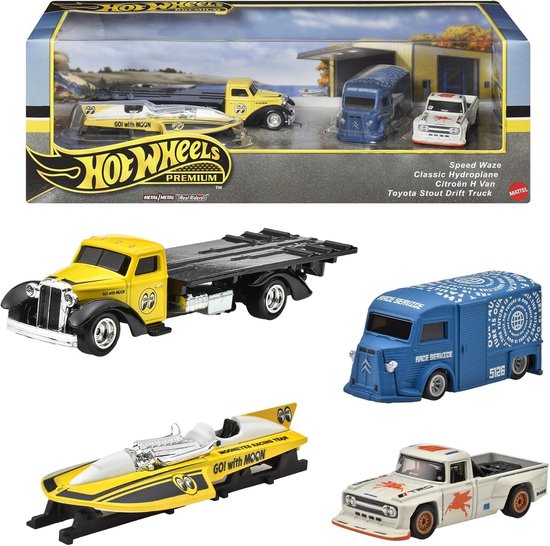 Hot Wheels Premium Collector Set - 4 Die-Cast - Speed Waze, Classic Hydroplane, Citroen H Van, Toyota Stout Drift Truck van Merkloos