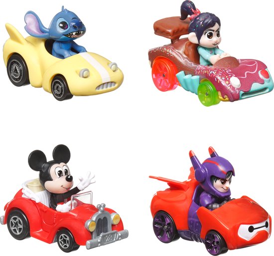 Hot Wheels RacerVerse - 4 metalen auto's met Disney bestuurder - Speelgoedvoertuig van Hot Wheels