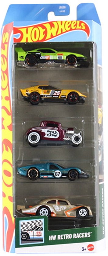 HOT WHEELS RETRO RACERS 5 PACK (JBJ86) 1:64 EL SEGUNDO COUPE,GT-SCORCHER, '32 FORD, VOLKSWAGEN KEVER VW RACER, 1967 FORD GT40 MK.IV van Hot Wheels