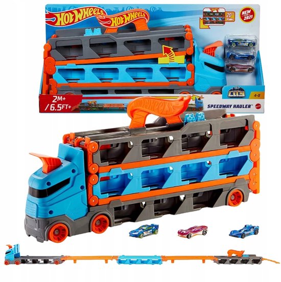 Hot Wheels Transporter Vrachtwagen & Racebaan 2-in-1 met 3 Auto's van Hot Wheels