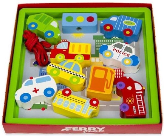 Houten auto's - 112 voertuigen 10 stuks in kistje met plattegrond van Viga Toys