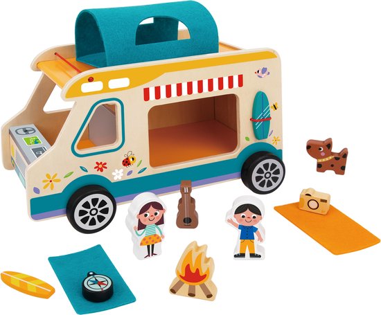Houten Camper Speelset – Inclusief Popjes & Accessoires - Auto - Speelgoed - Garage – Educatief Rollenspel van Njoykids