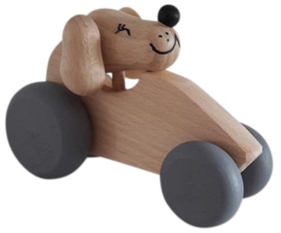 Houten Hond in Auto – Naturel met Grijze Wielen – Nordic Stijl – Duurzaam & Veilig Speelgoed – Educatief Cadeau voor Peuters – Stimuleert Fantasie – Compact Formaat – Vanaf 3 Jaar – CE van Little Dutch