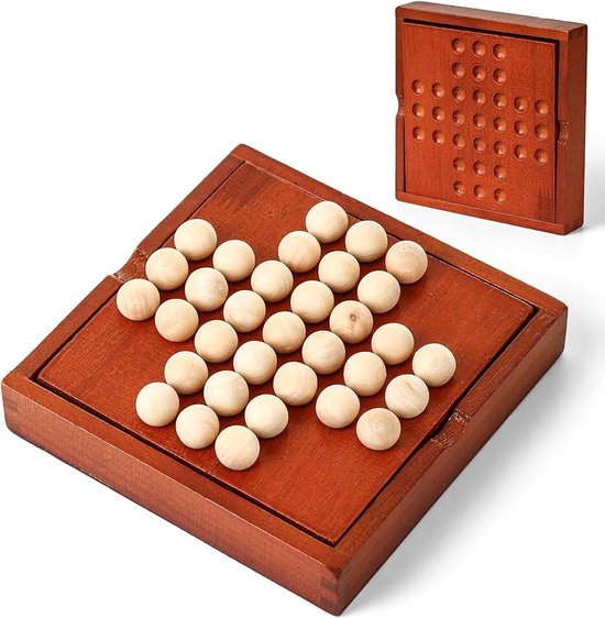 Houten Mini-Reisspellen, klassieke houten bordspellen, eenpersoonsspellen, kinderpuzzelspeelgoed, binnenparty bijeenkomst tafelbladpuzzelspel (Jump All but one)