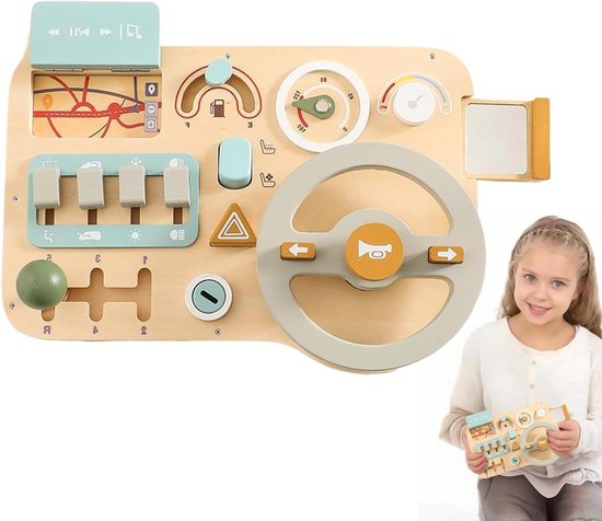 Houten Rijsimulator - Activiteitenbord Stuur - Rollenspel Leren - Realistisch Stuur - 30 x 19 cm - Houtkleur van houten