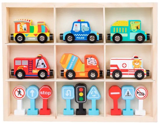 Houten speelgoed auto's met magneet - 15-delig - Vanaf 2 jaar - Educatief montessori speelgoed - duurzaam speelgoed 2 jaar - Jongens speelgoed van Merkloos