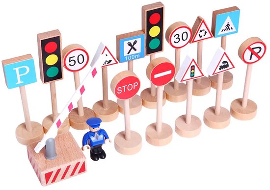 Houten speelgoed verkeersborden - 16 stuks - Open einde speelgoed - Educatief montessori speelgoed - Grapat en Grimms style van Merkloos