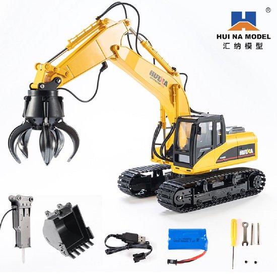 Huina 3-in-1 RC Graafmachine Truck Metaal Afstandsbediening 1:18 Bouwvoertuig Speelgoed voor Jongens en Meisjes van Huina