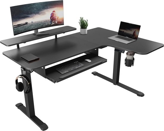 In hoogte verstelbaar elektrisch bureau met dubbele motor - Gamingtafel L-vorm 155 x 110 cm van Merkloos