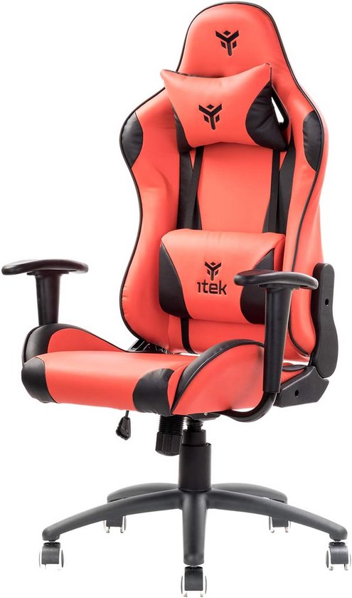 ITEK Playcom PM20 Gamingstoel, Ergon, rood, verstelbare rugleuning, verstelbare armleuningen en hoofdsteun, lendenwervelkolom, comfort en design, ideaal als bureaustoel, werkstoel of gamingstoel