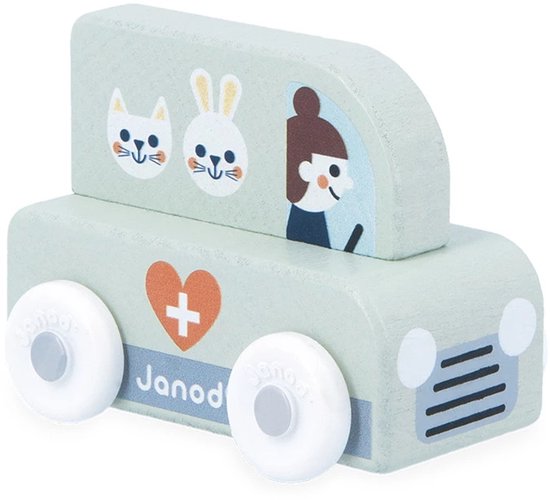 Janod Cross Roads - Houten Dierenambulance - Kleine, Makkelijk Te Hanteren Dierenambulance - Stimuleert De Fijne Motoriek En Fantasie - Geschikt Vanaf 1 Jaar van Janod