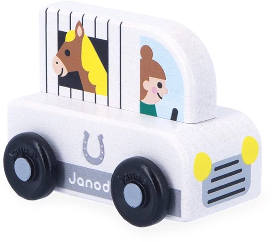 Janod Cross Roads - Houten Paardentrailer - Kleine, Makkelijk Te Hanteren Paardenwagen - Stimuleert De Fijne Motoriek En Fantasie - Geschikt Vanaf 1 Jaar van Janod