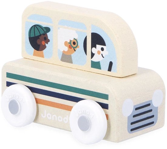Janod Cross Roads - Houten Personenbus - Kleine, Makkelijk Te Hanteren Bus - Stimuleert De Fijne Motoriek En Fantasie - Geschikt Vanaf 1 Jaar van Janod