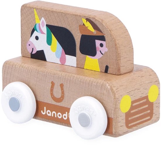 Janod Cross Roads - Houten Unicorn Bus - Klein, Makkelijk Te Hanteren Eenhoornbusje - Stimuleert De Fijne Motoriek En Fantasie - Geschikt Vanaf 1 Jaar van Janod