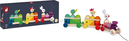 Janod Zigolos - Grote Meerkleurige Trein - 2-In-1 Speelfiguur: Trekfiguur En Stapelspeelgoed - Lengte Van Het Touwtje: 50 Cm - Geschikt Vanaf 1 Jaar van Janod