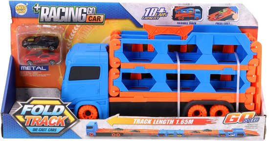 KiddyGo auto transporter speelgoed vrachtwagen met racebaan en 2 metalen auto's. van Merkloos