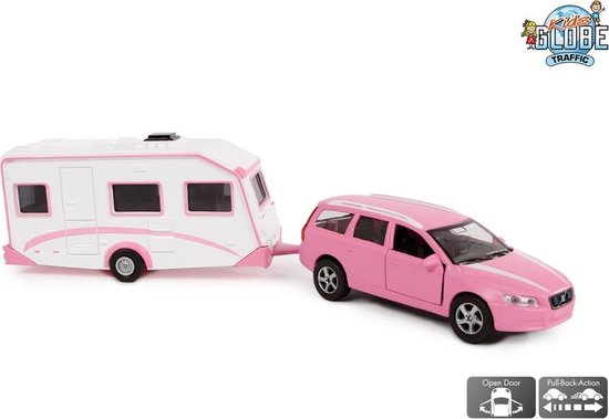 Kids Globe Die-cast Volvo V70 met Caravan - Roze, 30cm van Merkloos