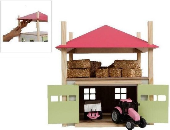 Kids Globe SET hooiberg-hout-met-berging-1:32-32x35x45-roze + Volvo V70 met caravan van Merkloos