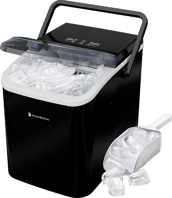 KitchenBrothers IJsblokjesmachine - 1.5L - IJsblokjesmaker – 12kg/24 uur - Draagbaar - Zelfreinigingsfunctie - Zwart van KitchenBrothers