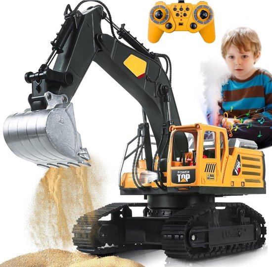 Klarven® Graafmachine Speelgoed Bestuurbare - Geel - Metalen Schep, 680° Rotatie - Spray, Licht en Geluidseffecten - 14-Kanaals 2.4GHz - Schaal 1:14 - L 35 x B 14 x H 25 cm