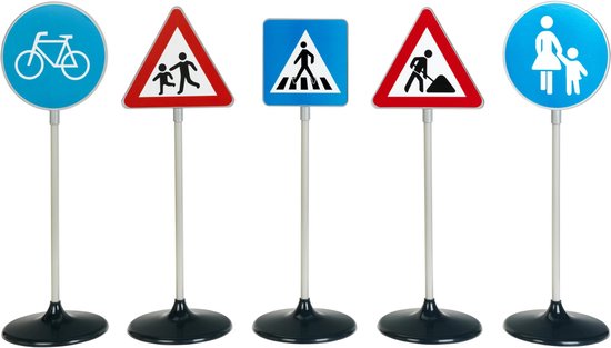 Klein Toys 5-delige verkeersbordenset - 70 cm hoogte - soorten borden: fietspad, alleen voor voetgangers, werkplaats, voetgangersoversteekplaats en opgelet kinderen - multicolor van Klein Toys