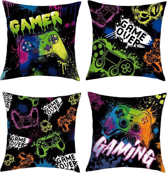Kleurvolle Gaming Kussenslopen 40 x 40 cm - Set van 4 voor Gamer Jongens, Speelkamer Decoratie en Sofa Accessoire