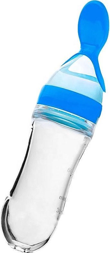 Knijpfles Lepel voor baby`s -Lepel - Silicone  - 90 ml Blauw Siliconen Baby Drinkfles – Lepelfles – Antiknoei Drinkfles Met Lepel – Drinkbeker – BPA Vrij van Luvion