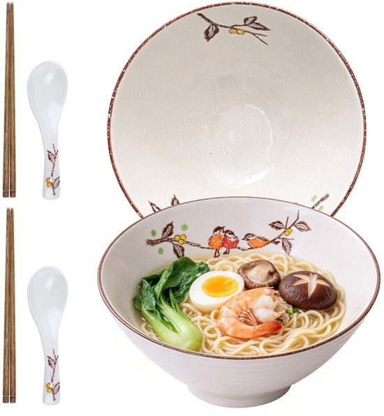 kom keramische kom set 2-delig, instant noedelkom met stokjes en lepel, 20,8 cm grote Japanse soepkom noedelkom voor ramen, pho, udon, salade en soepen (bloemen vogel)