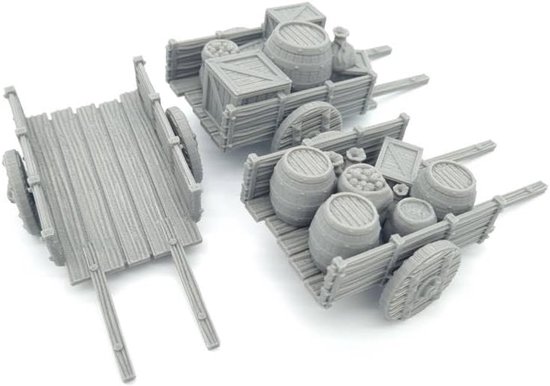 Koopvaardijkarren met kratten en vaten strooien terrein - Fantasy Houten Goederen voor Tafelblad Scenery & RPG 28-32 mm Miniaturen Wargame Rekwisieten DnD & D, 3D-geprint en overschilderbaar