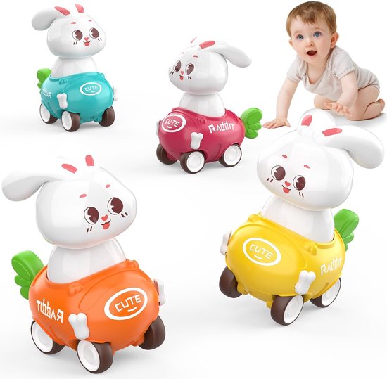Kraftverdia - Speelgoed auto - Vanaf 1 jaar jongens en meisjes - 4 stuks auto speelgoed baby dierenraceauto - Press-and-go speelgoedvoertuigenset voor peuters 10-12-18 maanden - cadeau voor kinderen van 1 2 3 jaar - konijn van Merkloos