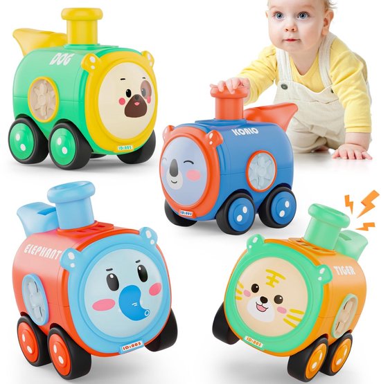 Kraftverdia - Speelgoed auto - Vanaf 1 jaar jongens en meisjes - 4 stuks Trein baby dierenraceauto - Press-and-go speelgoedvoertuigenset voor peuters 10-12-18 maanden - cadeau voor kinderen van 1 2 3 jaar van Kraftverdia®