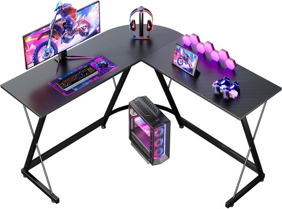 L-Vorm Gaming Bureau Hoekbureau Ruimtebesparend Bureau voor Thuis Kantoor en Gaming (Koolstof Zwart, 120x120cm)