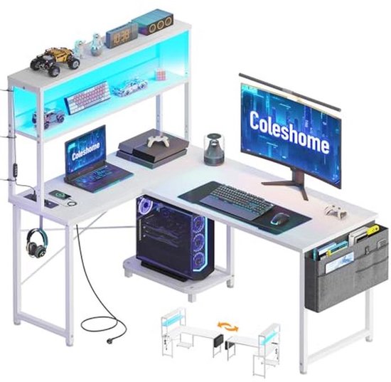 L-vorm Gaming Bureau met RGB Verlichting en Stopcontacten - 115x80 cm Hoekbureau voor Thuiswerken en Gaming van Merkloos
