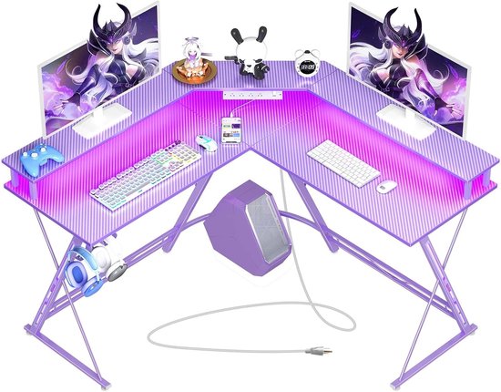 L-vormig Gamingbureau 50 inch met LED-verlichting en Stopcontacten