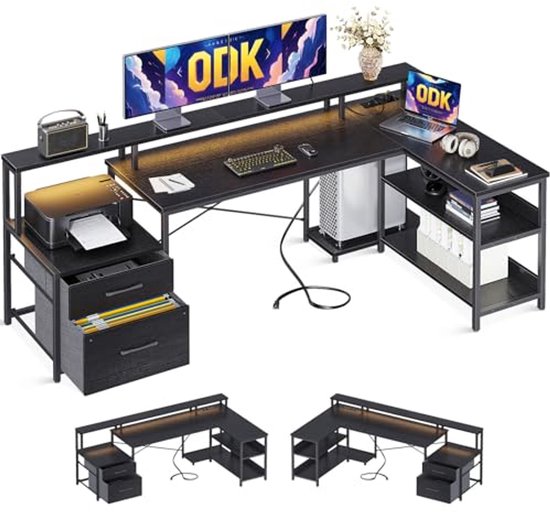 L-vormig gamingbureau met opbergruimte, 189,3 x 100 cm, omkeerbaar design met LED en USB-aansluitingen, computertafel voor slaapkamer of werkruimte van Merkloos