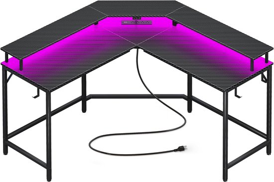 L-vormig Gamingbureau met Stopcontacten, USB en LED Verlichting - Hoekbureau met Monitorplank