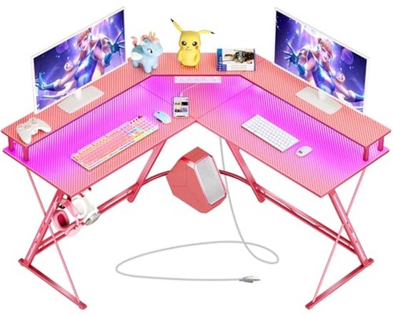 L-vormige Gaming Bureau 50 inch met LED Strip en Stopcontacten - Ergonomisch Computerbureau van SAYGOER