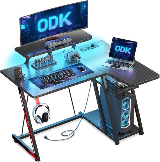 L-Vormige Gaming Bureau met LED Verlichting en Opbergruimte - Gaming Hoekbureau met Monitorstandaard en Stopcontacten van Merkloos