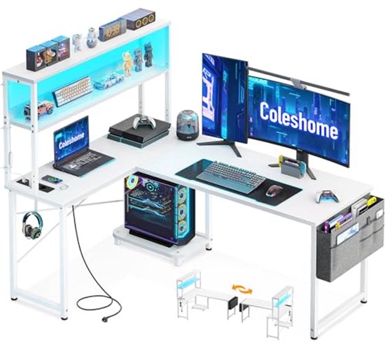 L-vormige gamingtafel met LED-verlichting en stopcontacten - 135x100 cm van Merkloos