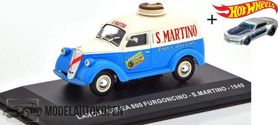 Lancia Ardea 800 Van 1949 “S.MARTINO” (Blauw) (10 cm) 1/43 Atlas + Hot Wheels Miniatuurauto + 3 Unieke Auto Stickers! - Model auto - Schaalmodel - Modelauto - Miniatuur autos - Speelgoed voor kinderen van Atlas