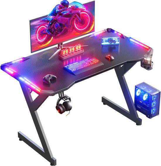 LED Gaming Bureau 100 × 60 cm - Ergonomische Gamingtafel met Bekerhouder en Haak voor Hoofdtelefoon - Zwart van Merkloos