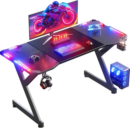 LED Gaming Bureau 140x60cm - Ergonomisch Ontwerp met Carbonfiber Plaat, Inclusief Bekerhouder en Hoofdephanghaak van Merkloos