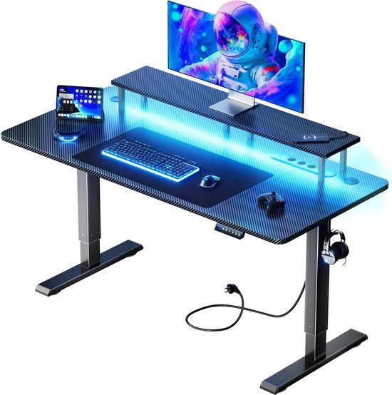 LED Gamingbureau 120 x 60 cm Elektrisch Verstelbaar met USB-Laadpoort Stopcontact Monitorstandaard Zwarte Tafel