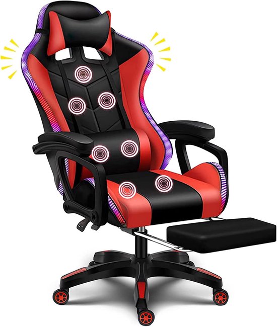 LED gamingstoel Computerstoel met Bluetooth luidsprekers en RGB verlichting Volledige massager Draaifauteuil - ShopVlot