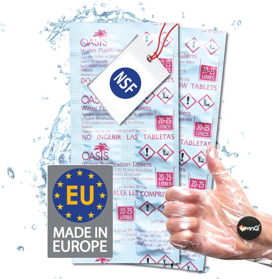 LevinQ Oasis 20 x Waterzuiveringstabletten - Houdbaar tot 2027! - 25 liter Veilig drinkwater per tablet NATO/NSF goedgekeurd + LevinQ® Handschoenen PE van LevinQ