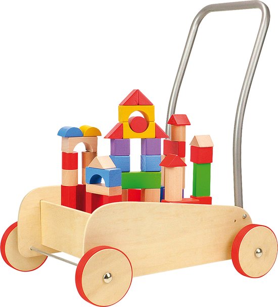 Loopwagen - Hout - Voor baby- leren lopen en leren bouwen! - Babywalker - Anti slip wieltjes van Merkloos
