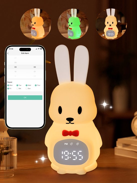 Lopoleis® Slaaptrainer – Slaapwekker Baby – Nachtlamp functie met Wekker – Kinderwekker – Tuxedo Rabbit – Inclusief App van Lopoleis